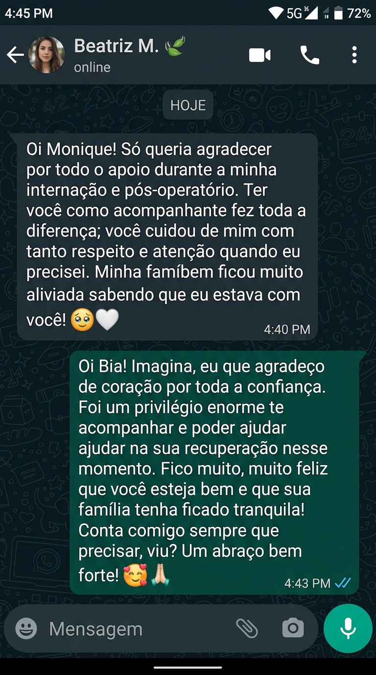 Depoimento WhatsApp - Beatriz sobre internação e pós-operatório