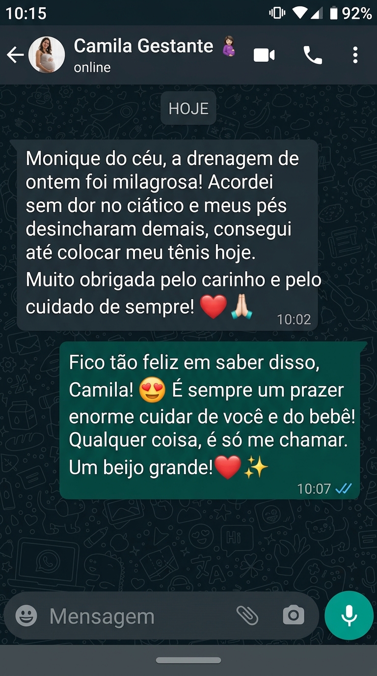 Depoimento WhatsApp - Camila Gestante sobre drenagem e ciático
