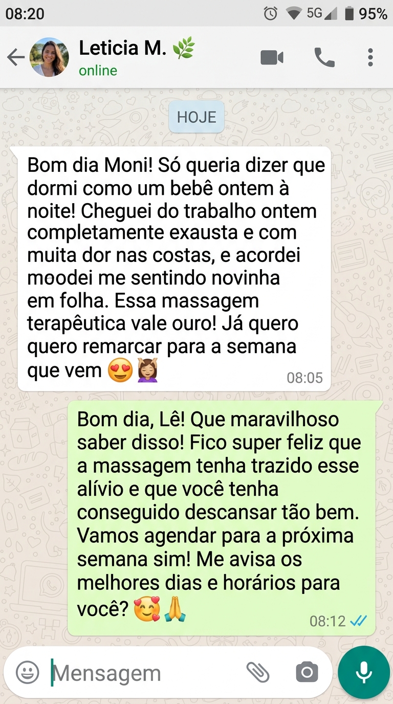 Depoimento WhatsApp - Leticia sobre massagem terapêutica e sono reparador