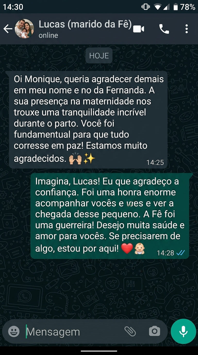 Depoimento WhatsApp - Lucas sobre apoio de doula no parto da Fernanda