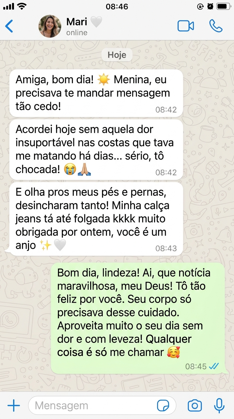 Depoimento WhatsApp - Mari sobre alívio de dor nas costas e desinchaço