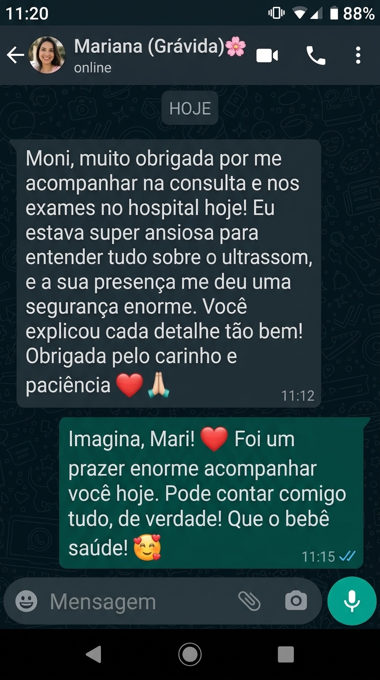 Depoimento WhatsApp - Mariana Grávida sobre consultas e ultrassom